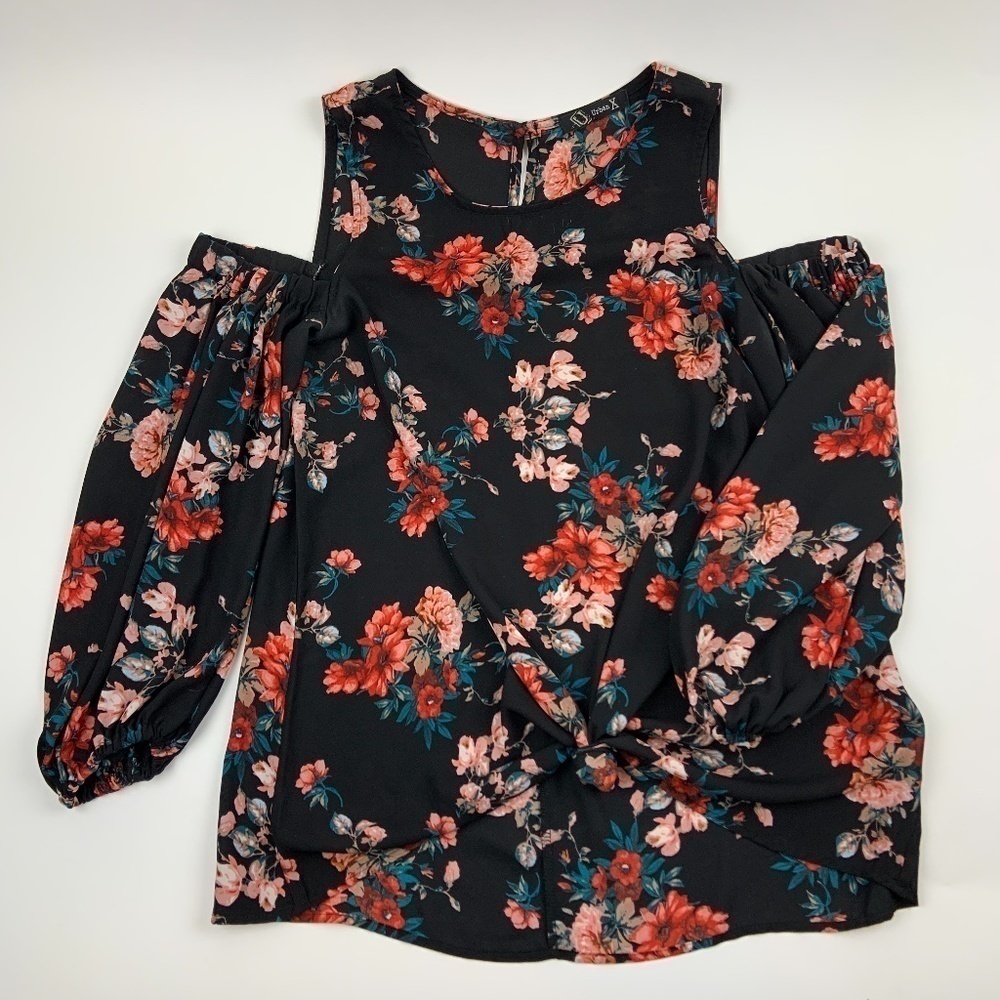 Urban X Womens Blouse Cold Shoulder Long Sleeve Black Floral See Measurements